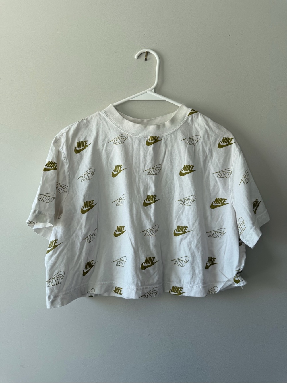 Nike White Crop Tee with Gold Logo Print